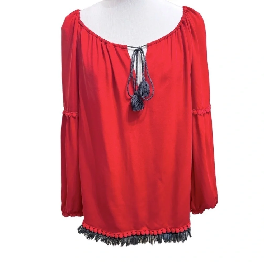 Tory Burch Sylvie blouse Boho /Peasant/Tie Blouse Top‎ RED Fringe Tassel Sz 10